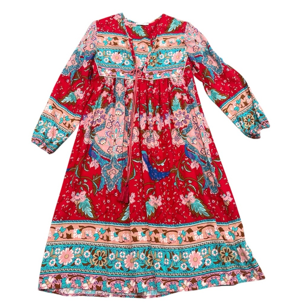 Red Floral Boho Midi Dress with Tie Front